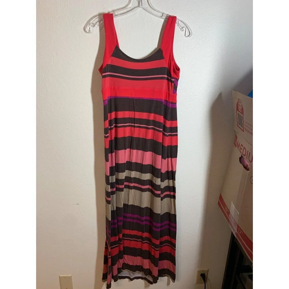 Duo Maternity Maxi Dress Women's Size Small Striped Y2K Retro Red Brown Casual - Picture 3 of 4